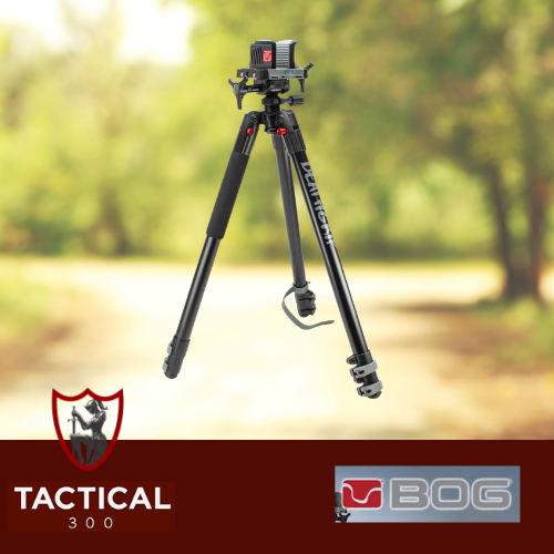 BOG DeathGrip Tripod Black 72 Inch featuring a rugged aluminum construction, secure clamp-style firearm rest, adjustable legs, and stable shooting platform for hunting, precision shooting, and outdoor observation.