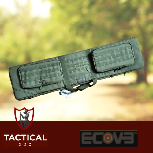 ECOEVE 52" tactical rifle bag in olive drab green with MOLLE system, padded interior, and lockable compartments (BAGEE022ODG).