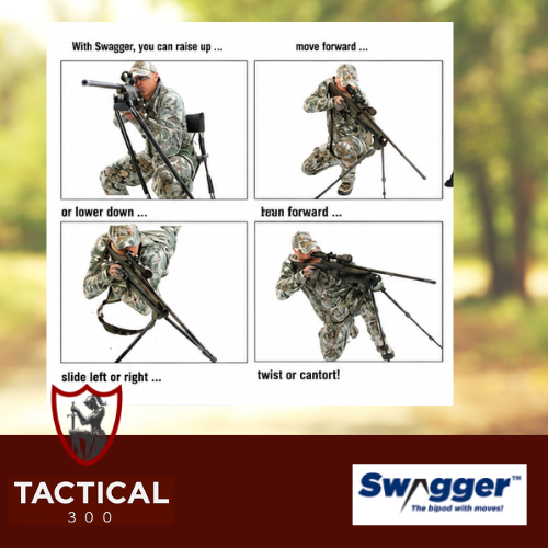 Swagger Hunter 42 Bipod attached to a rifle, featuring flexible terrain-adapting legs, quick deployment, lightweight construction, and enhanced shooting stability for hunting and long-range shooting in challenging environments.
