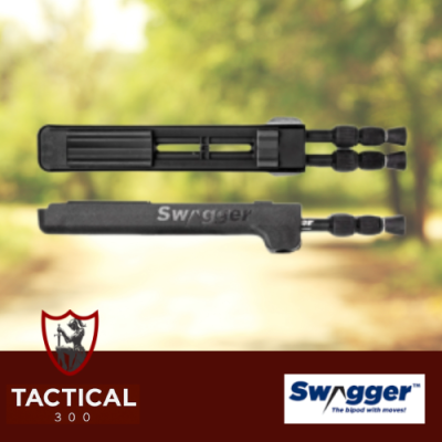 Swagger Hunter 42 Bipod attached to a rifle, featuring flexible terrain-adapting legs, quick deployment, lightweight construction, and enhanced shooting stability for hunting and long-range shooting in challenging environments.