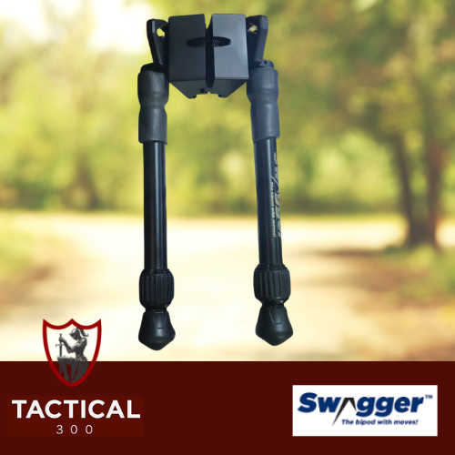 Swagger Steelbanger Basic Bipod mounted on a rifle, featuring lightweight construction, fast one-handed height adjustment, and rapid target acquisition for hunting, sport shooting, and long-range shooting applications.
