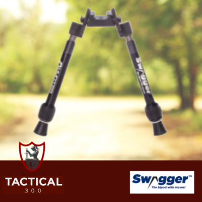 Swagger Steelbanger Basic Bipod mounted on a rifle, featuring lightweight construction, fast one-handed height adjustment, and rapid target acquisition for hunting, sport shooting, and long-range shooting applications.