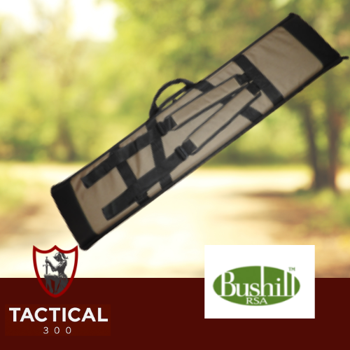 Green BUSHILL 54-inch soft rifle case with zip closure and carry handles for hunting and shooting sports.