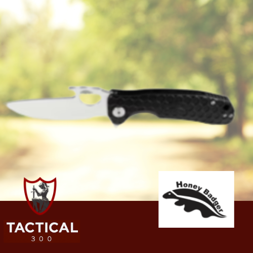 Honey Badger Opener Knife Large – Black with drop-point blade and textured handle"