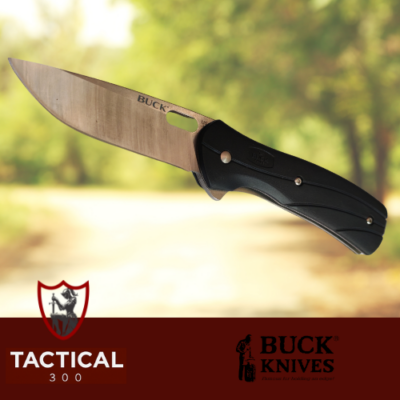 Buck 345 Vantage Select folding knife with black nylon handle and 420HC drop point blade, featuring a flipper opener and deep-carry pocket clip.
