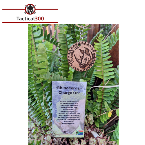 Rhinoceros-Charge On Wood Keyring