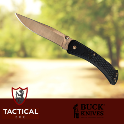 Buck 110 EDC Hunter folding knife with black GFN handle and 420HC clip point blade, featuring a lockback design and deep-carry pocket clip.