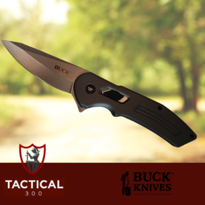 Buck Hexam folding knife with a stainless steel drop point blade, textured ergonomic handle, button lock, and thumb stud opener, built for everyday carry and rugged use.