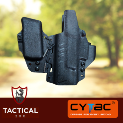 "Cytac K-MASTER IWB claw holster for Glock 19 Gen 1-5, in black polymer, featuring adjustable cant, ambidextrous design, and concealment claw for enhanced discretion."