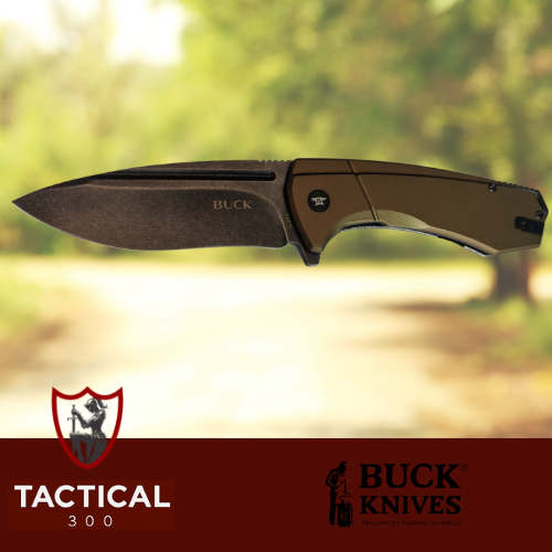 Buck 713 Ruckus folding knife in black and green with a 3.5-inch D2 steel drop point blade and anodised aluminium handle, designed for everyday carry and outdoor use.