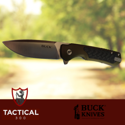 Buck Stinger folding knife with a 3-inch satin D2 steel drop point blade, green anodised aluminium handle with carbon fiber inlay, flipper opener, and tip-up pocket clip