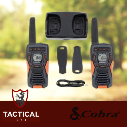"Two black AM1055 Cobra 2-way radios with LCD screens and antennas, designed for up to 12 km range communication, including belt clips and USB charging."