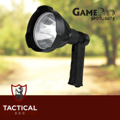 "GamePro Varmint 12V Rechargeable Spotlight with 1000 Lumens output, featuring red and green LED filters, durable ABS housing, and included carry case.