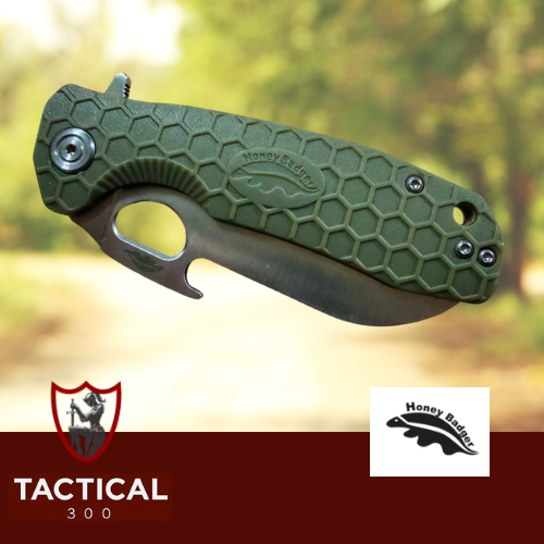 Honey Badger HB1213 Tong Medium Green – folding spear-point knife with green textured handle"