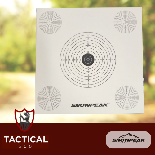 Box of Snowpeak 1405 paper targets — 100 printed bullseye sheets for airgun practice.