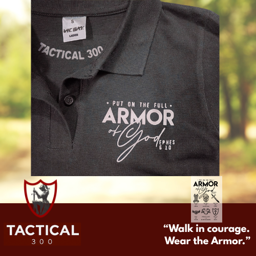 Tactical 300 Armor of God Women’s Golf Shirt, cotton golf shirt with faith design, Christian strength apparel, women of courage clothing