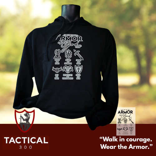 Armor of God cotton hoodie, unisex Tactical 300 faith hoodie, spiritual strength clothing, Christian warrior design