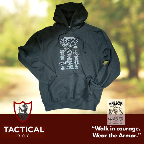 Armor of God cotton hoodie, unisex Tactical 300 faith hoodie, spiritual strength clothing, Christian warrior design