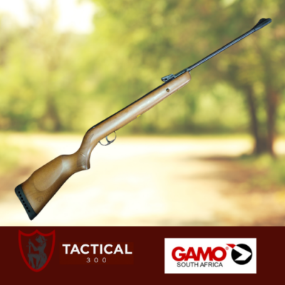 “GAMO Big Cat Hunter 5.5mm air rifle with beechwood stock, fibre-optic sights and 11mm dovetail rail – right side view.”