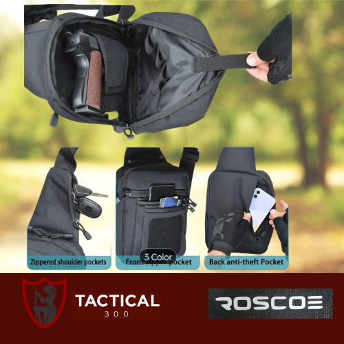 Roscoe Stealth sling pistol satchel bag open to show padded pistol compartment, magazine pockets and adjustable shoulder strap