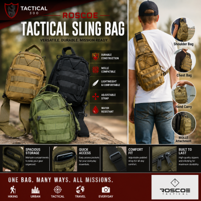 Roscoe Tactical sling bag Net N with single-strap design, multiple storage compartments, and durable construction for everyday carry and tactical use.