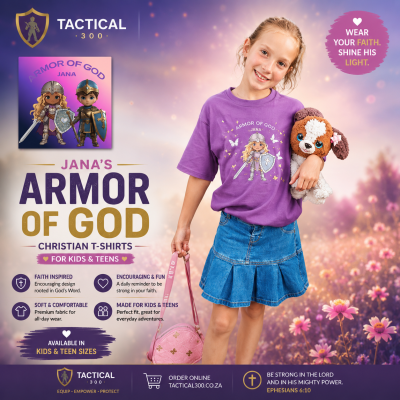 “Two children wearing colorful Armor of God T-shirts designed with cartoon warrior characters, showing the biblical armor from Ephesians 6. Girl wearing purple shirt, boy wearing blue shirt, smiling outdoors.”