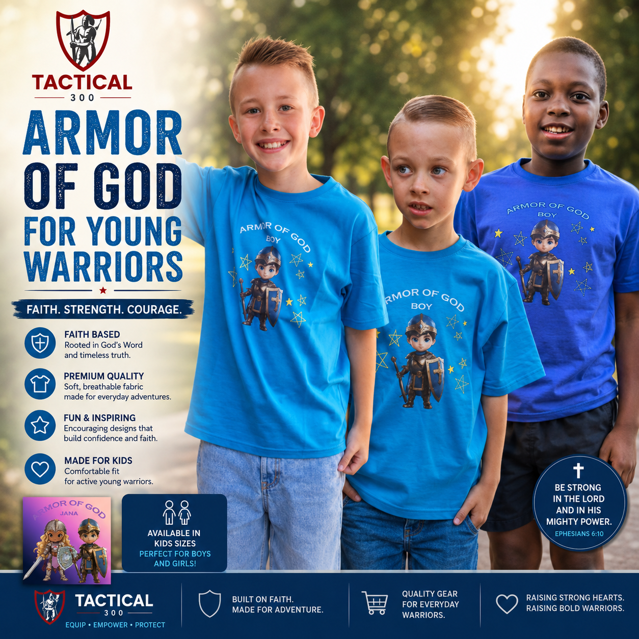 Kids Armor of God T-shirt designed by Jana – Christian courage and faith apparel"