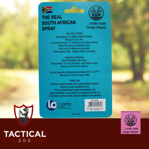 Compact 20 ml RAM Defense Pepper Stream canister (pink / blue) with key-chain loop — handheld OC pepper spray for self-defence, shown on plain background.