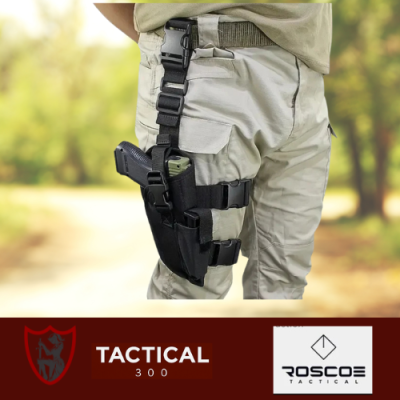 Tactical thigh holster with adjustable leg straps providing secure, quick-access sidearm carry