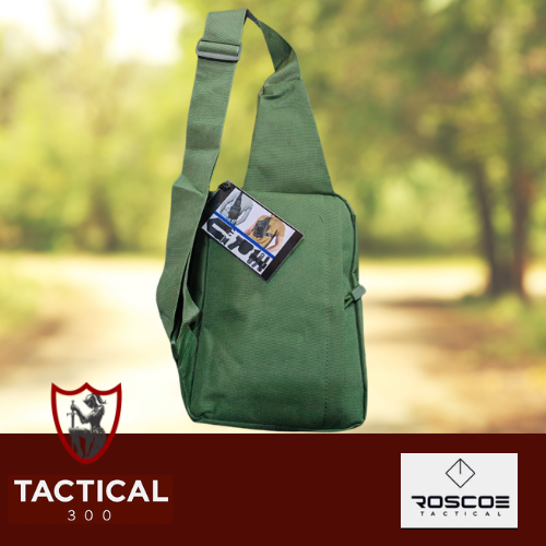 open to show padded pistol compartment, magazine pockets and adjustable shoulder strap