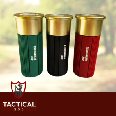 Fullout Tactical Shotgun Dehumidifier in green, red, and black, shaped like a shotgun shell for moisture control in gun safes and rifle cases.