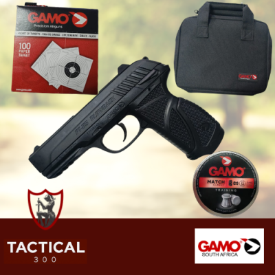 Gamo PT-85 4.5mm CO2 air pistol combo pack with pellets, pistol bag and paper targets Tactical 300