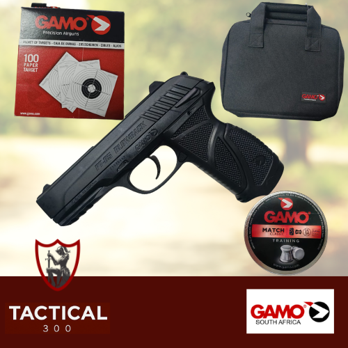Gamo PT-85 4.5mm CO2 air pistol combo pack with pellets, pistol bag and paper targets Tactical 300