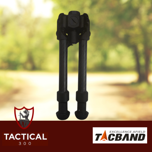Tacband Carbon Fibre Bipod 8.3–11.5 Inch M-LOK mounted on a rifle, featuring lightweight carbon fibre legs, adjustable height, durable construction, and stable shooting support for hunting and precision shooting.