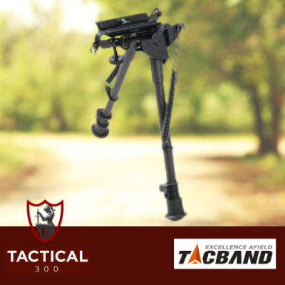 Tacband Carbon Fibre Bipod 8.3–11.5 Inch M-LOK mounted on a rifle, featuring lightweight carbon fibre legs, adjustable height, durable construction, and stable shooting support for hunting and precision shooting.