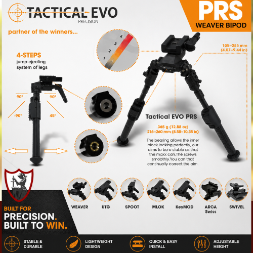 Tactical PRS Bi-Pod Weaver Black mounted on a precision rifle, featuring CNC-machined aerospace-grade aluminum construction, adjustable legs, tilt functionality, and a rugged black anodized finish for precision shooting and long-range applications.
