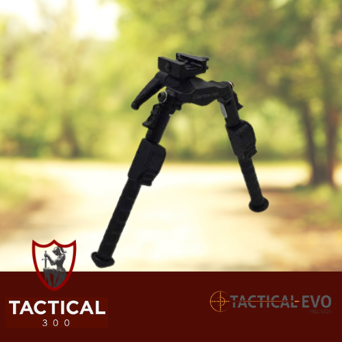 Tactical PRS Bi-Pod Weaver Black mounted on a precision rifle, featuring CNC-machined aerospace-grade aluminum construction, adjustable legs, tilt functionality, and a rugged black anodized finish for precision shooting and long-range applications.