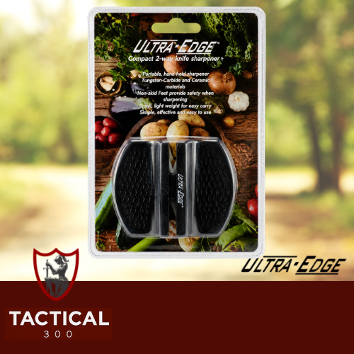 Ultra-Edge Compact 2-Way Knife Sharpener in retail packaging featuring tungsten carbide and ceramic sharpening slots for quick and effective knife maintenance.