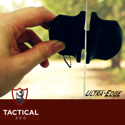 Ultra-Edge Compact 2-Way Knife Sharpener in retail packaging featuring tungsten carbide and ceramic sharpening slots for quick and effective knife maintenance.