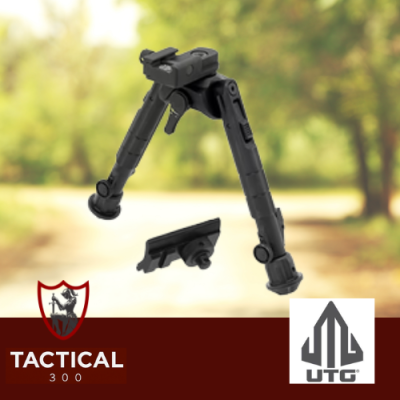 UTG Recon 360 TL M-LOK Bipod 7"-9" mounted on a rifle, featuring 360-degree panning, adjustable tilt, folding legs, M-LOK attachment, and lightweight aircraft-grade aluminum construction for hunting and precision shooting.